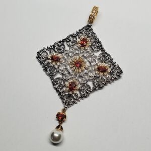 Park Lane Silver Gold Tone Filigree Diamond Orange Crystal Pendant